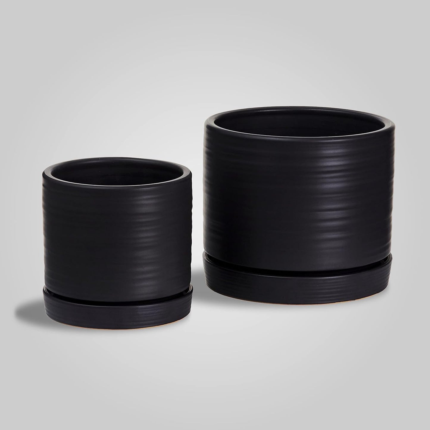 6 + 8 Inch Plant Pots, Ceramic Planter Pot with Drainage Hole & Saucer, Indoor/Outdoor Cylinder Round Planter Pot, Matte Black