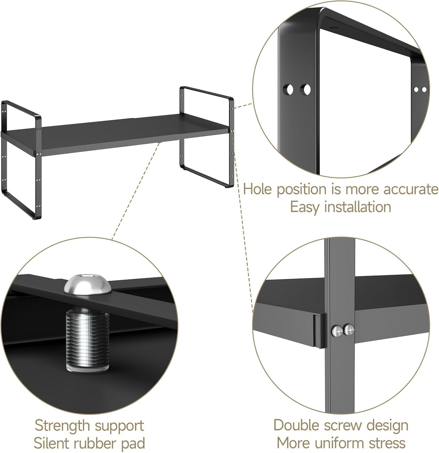 16.5~27.1" Expandable Shelf Organizer, 2Pack 10.2" Wide Stackable Cabinet Shelf Organizers, Black Metal Sturdy Kitchen Counter Storage for Countertop, Adjustable Height Spice Rack