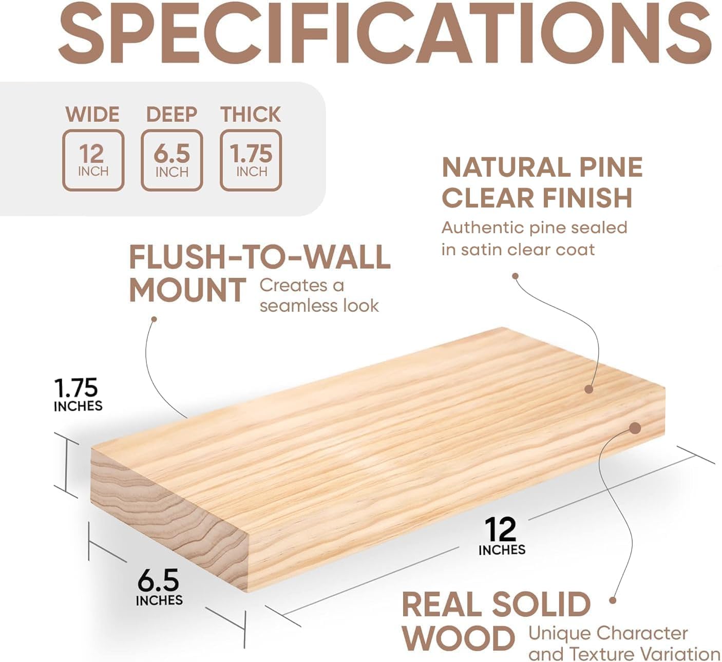 Homeforia 12 inch Natural Floating Shelf, High End Solid Real Wood 12inch Small Floating Shelves for Wall Mounted, Natural Wooden Floating Shelves, Heavy Duty Bracket, 12 X 6.5 X 1.75 in, Set of 4