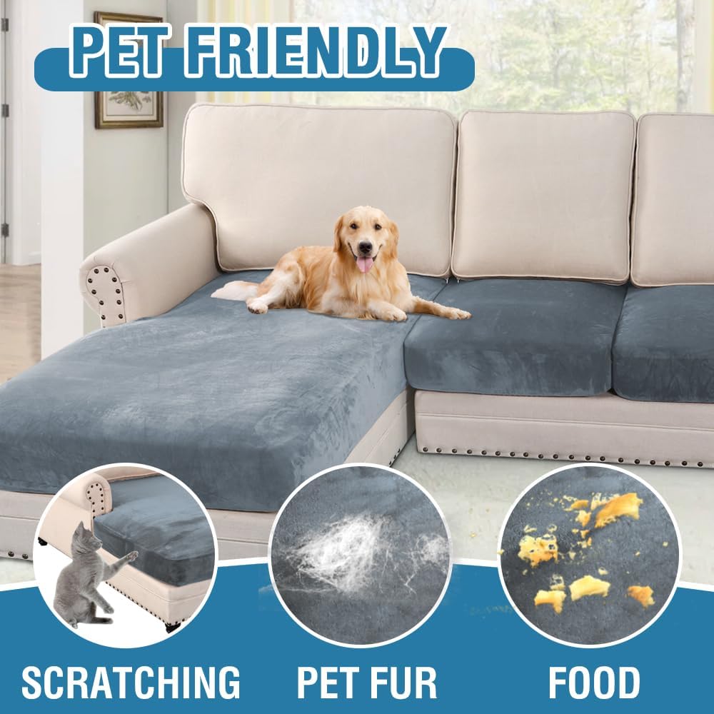 H.VERSAILTEX Velvet Stretch Sectional Couch Covers - 4 Piece Sofa Seat Cushion Set - L Shape Separate Cushion - Both Left/Right Couch Chaise Cover - Large Sofa 3 Seater + 1 Chaise, Stone Blue