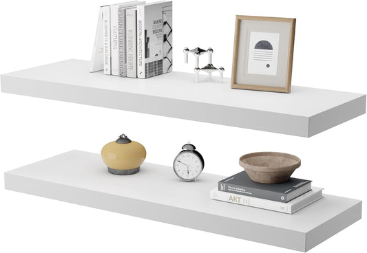 Large Floating Shelves for Wall Set of 2 Wooden Wall Shelves 24 in x 12.75 in x 2 in Room Decor Long Shelf with Invisible Wall Mount Bracket for Bedroom Kitchen Living Room White