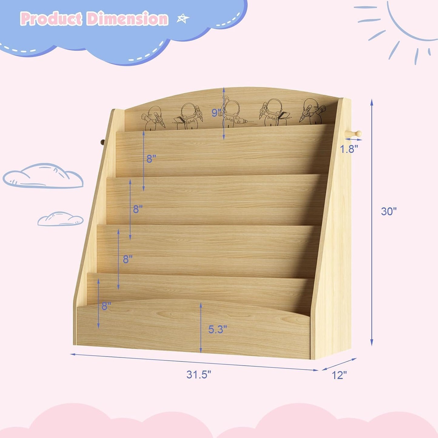 5-Tier Kids Bookshelf Montessori Toddler Book Rack Baby Bookcase Floor Front Facing Magazine Display Shelf for Bedroom Playroom Nursery Classroom Kindergarten Wood (Natural)