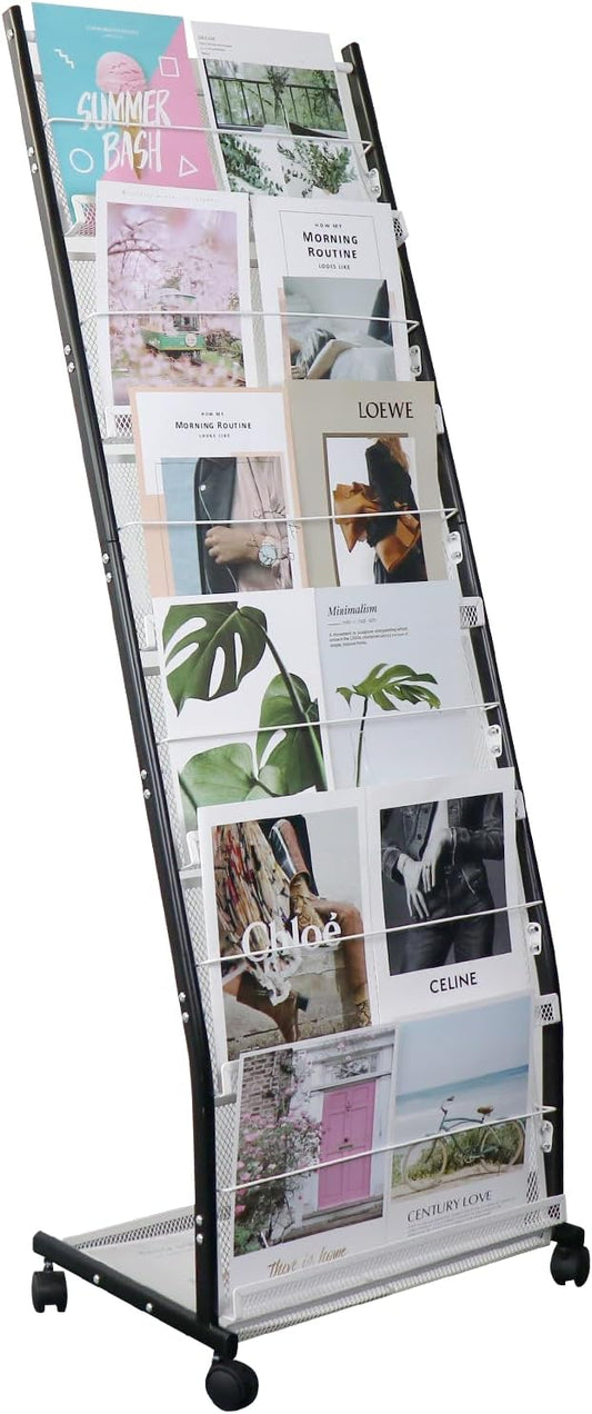 6-Tier Floor-Standing Magazine Rack with Wheels – Perfect Brochure Display Stand for Exhibitions, Offices, and Information Hubs