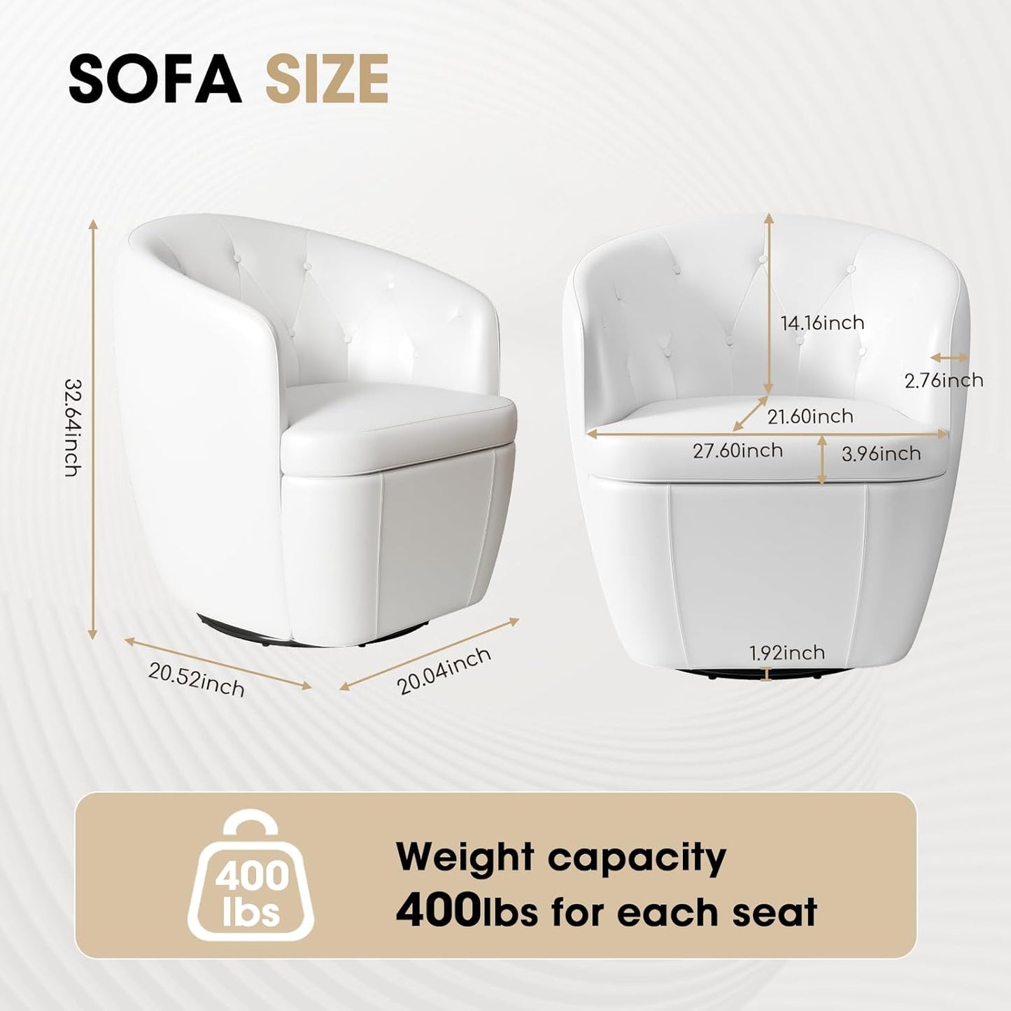 360° Swivel Leather Accent Chair, Modern Barrel Club Chair with Leather Upholstery and Sturdy Base, Comfortable Armchair for Living Room, Bedroom, Reading Nook, White