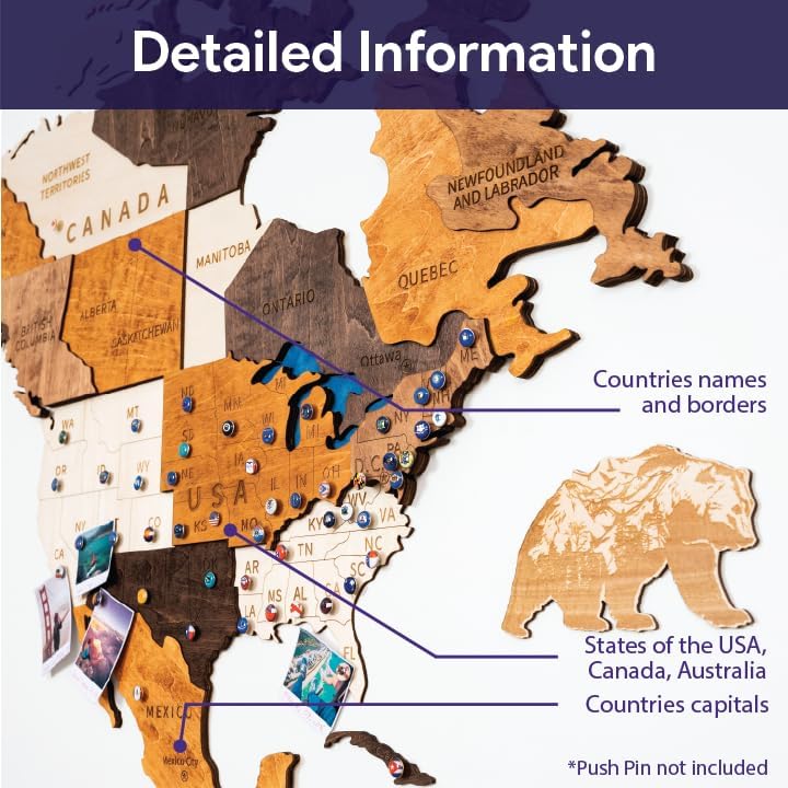 HYPERI Multilayered 3D Wooden World Map Wall Decor, Wood Art Wall Decor, Mapa Mundi Para Pared, World Maps and Push Pins, Valentine's Day Gifts For Dad, Mom, Boss, Husband, Wife (Medium)