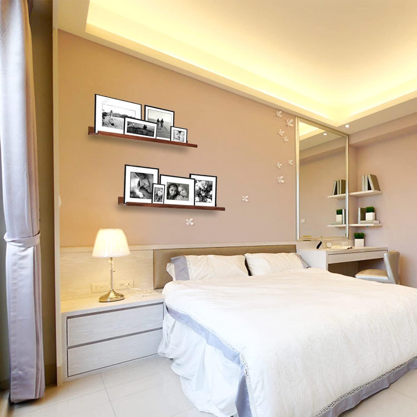 AZSKY 48 Inch Floating Wall Ledge Bookshelf Light Walnut Kids Book Toys Trophy and Family Picture Photo Frames Display Shelves Wall Mounted a Set of 2