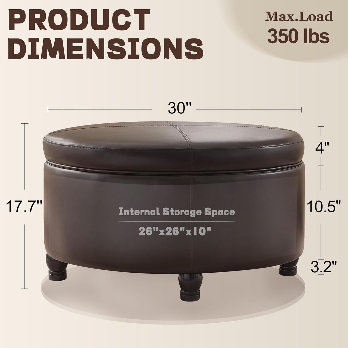 30-Inch Round Storage Ottoman, Modern Ottoman Coffee Table with Removable Top for Living Room, Bedroom, Office (Brown)