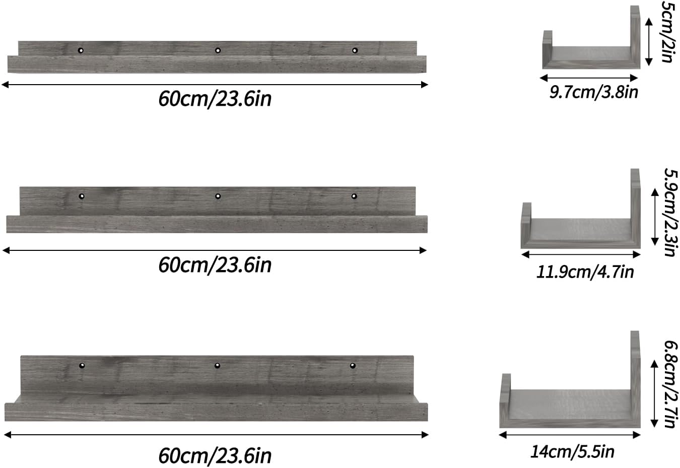 Giftgarden 24 Inch Grey Floating Shelves for Wall Mount, Gray Wood Wall Shelf Ledge for Bathroom Bedroom Living Room Kitchen Storage, Set of 3 Different Sizes