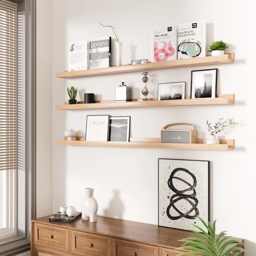 AZSKY 36 Inch Picture Ledge Shelf Solid Wood Large Floating Shelves Wall Mounted Rustic Natural Shelves for Home, Living Room, Bedroom, Bathroom, Office 3 Same Sizes