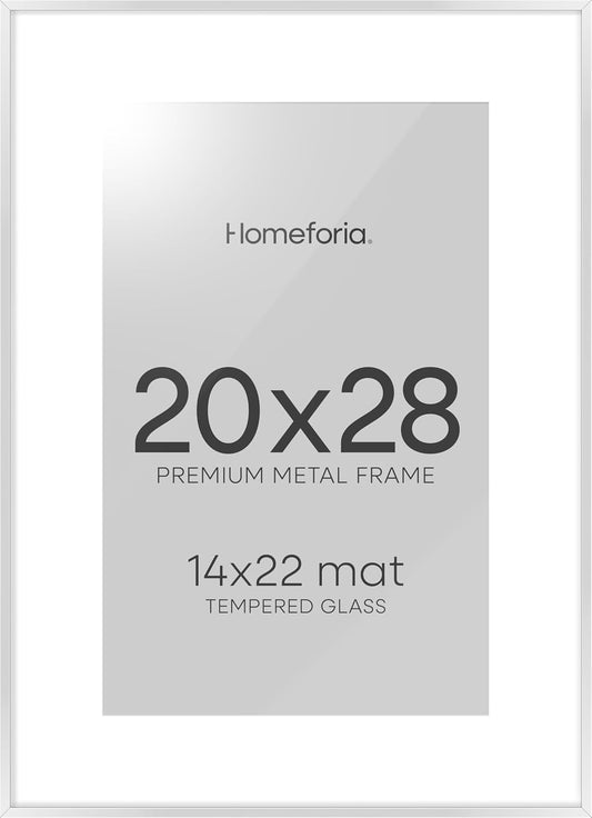 Homeforia 20x28 Picture Frame Silver, High End Metal 20 x 28 Poster Frame with Mat 14 x 22 for Photo, 20x28 Silver Frames Matted to 14x22 Print, 28x20 Hanging Frame, Tempered Glass, Wall Kit, Set of 1