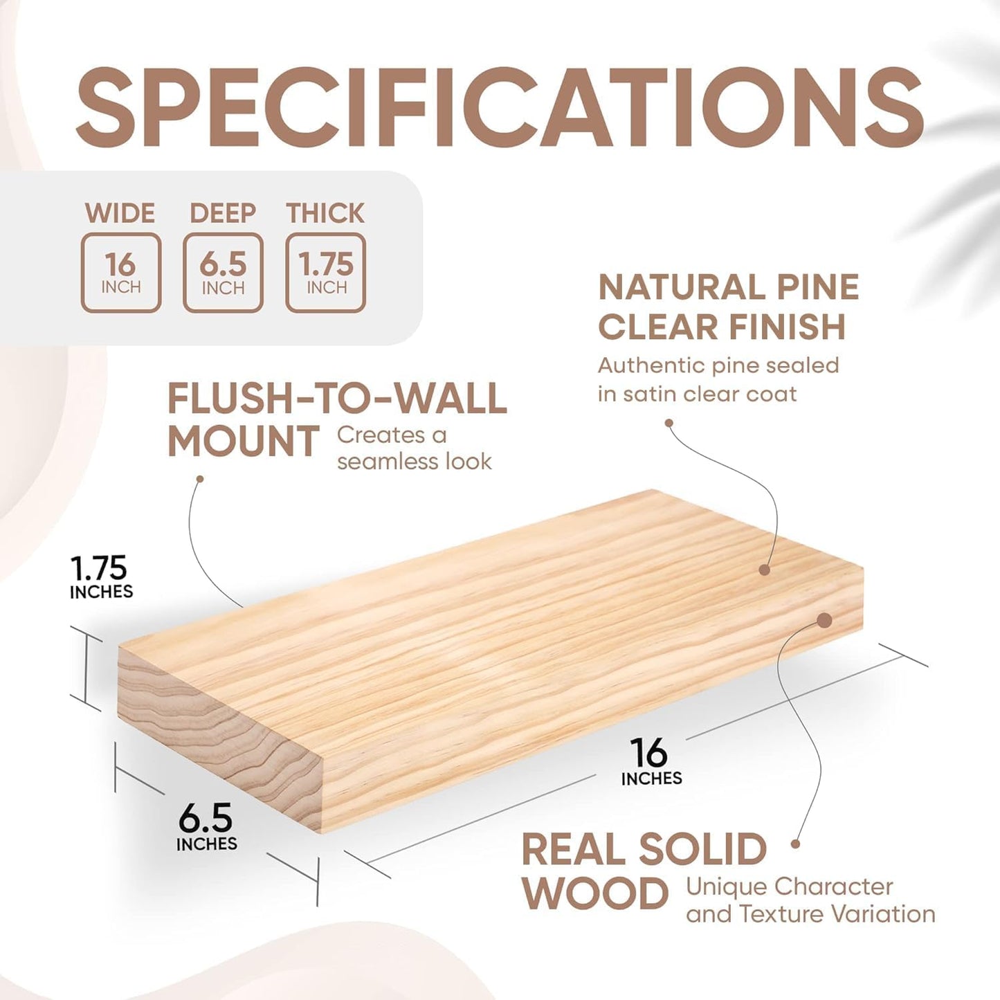 Homeforia 16 inch Natural Floating Shelf, High End Solid Real Wood 16inch Small Floating Shelves for Wall Mounted, Natural Wooden Floating Shelves, Heavy Duty Bracket, 16 X 6.5 X 1.75 in, Set of 3