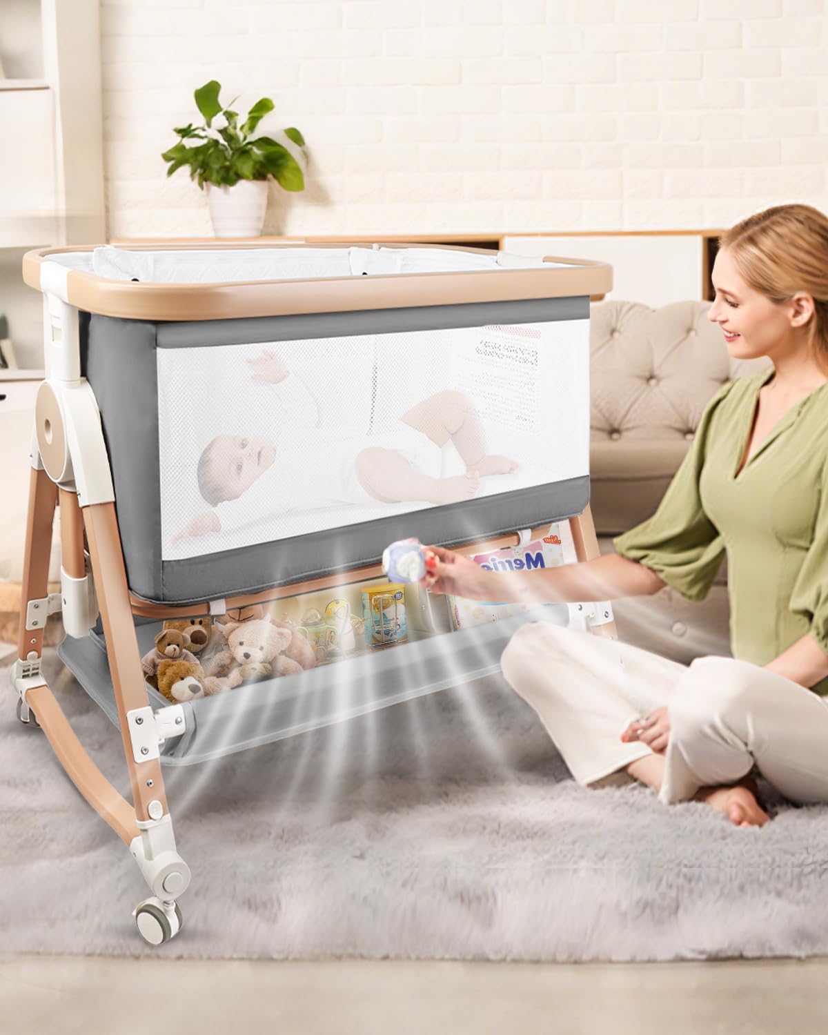 4 in 1 Baby Bassinet, Bassinets Bedside Sleeper with Wheels and Storage Basket, Adjustable 7 Heights Bedside Sleeper with Mosquito Net, Breathable Mesh Rocking Bassinet for Baby (Grey)