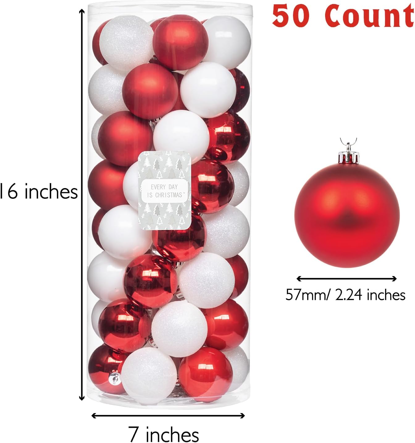 Every Day is Christmas Ornaments, Shatterproof Christmas Tree Ornament Set, Christmas Balls Decoration 50 Count (2.24"/57mm, Red White)
