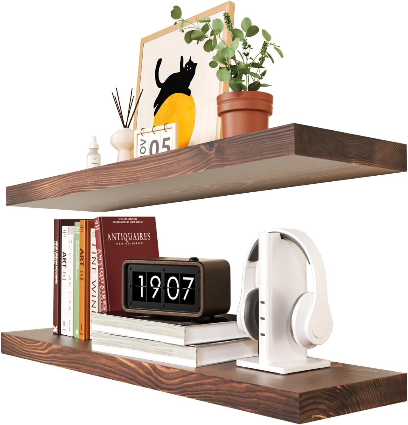 Habudda Floating Shelves Set of 2, Natural Pine Wood Shelf for Bathroom Bedroom Kitchen, 30 inch Long, Rustic Decor, Walnut