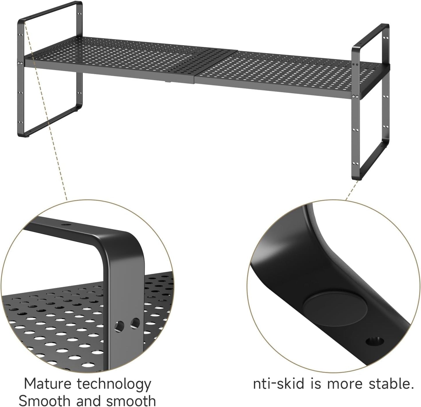 Hole Pattern Expandable Shelf Organizer,2Pack 8.1" Wide Easy to Assemble Cabinet Organizer Shelf, 16.5~27.1" Adjustable Height&Stackable Spice Organization for Cupboard, Black