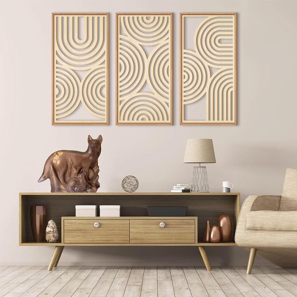 IARTTOP Large Boho Wood Wall Art Set of 3 Framed Wooden Mid-century Modern Wall Decor Minimalist Modern Abstract Geometric Decor for Living Room Bedroom Office-16x32 Inch