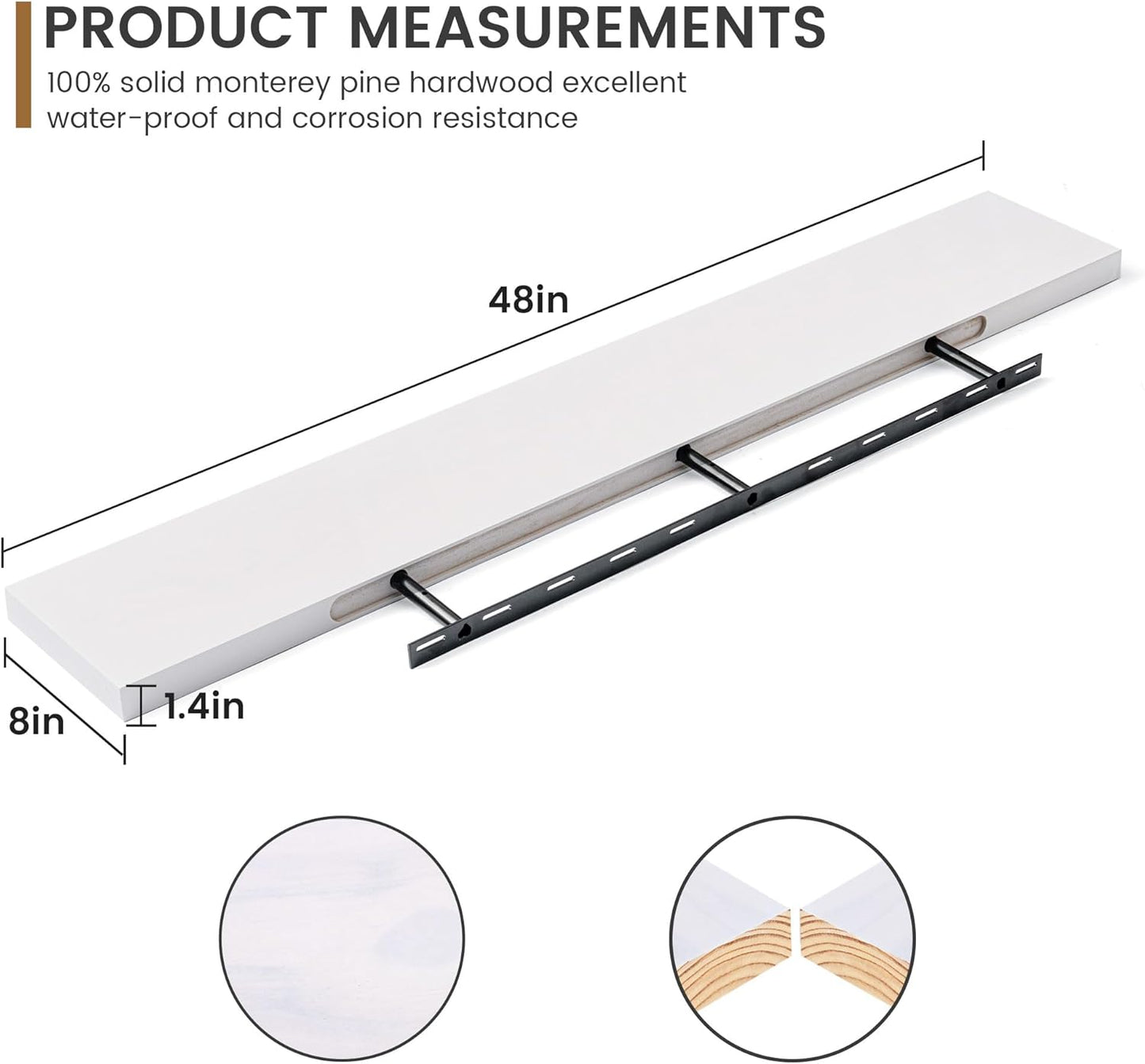 Fun Memories 48 Inch Floating Shelves for Wall, Deep Rustic Solid Pine Wood Shelf - Farmhouse Wall Mounted Display Shelf with Heavy-Duty Metal Bracket, 48" W x 8" D, Set of 1, White