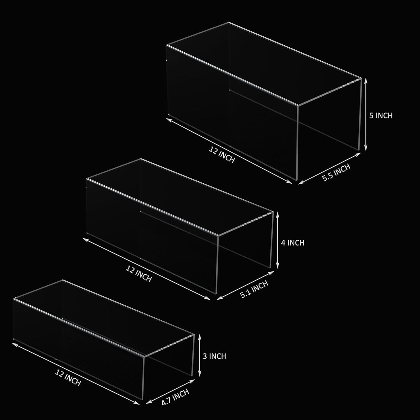 Square Acrylic Display Risers 3pcs, Clear Showcase Shelves for Collectibles, Funko Pop Figures, Perfumes, Cupcake, Candy Dessert - 3''x4''x5''