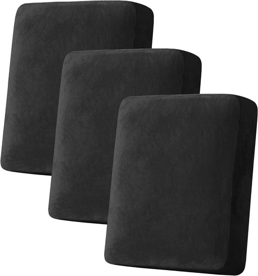 H.VERSAILTEX Velvet Stretch Couch Cushion Cover Plush Cushion Slipcover for Chair Loveseat Sofa Cushion Furniture Protector Seat Cushion Sofa Cover (3 Piece Sofa Cushion Covers, Black)