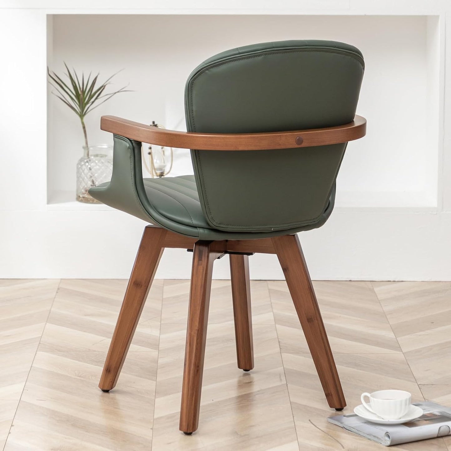 LUNLING Swivel Dining Chairs Set of 4, Mid Century Modern Green Faux Leather Kitchen Chairs with Arms,Bamboo Legs Side Chairs No Wheels,Accent Chair for Dining Rooms and Offices