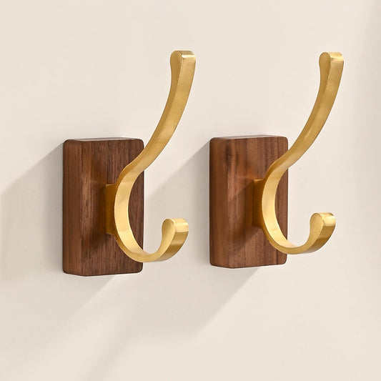 2 Pack Wooden Wall Hooks for Hanging, Adhesive Mounted Wall Mounted Boho Decorative Nature Wood Coat Hook for Towel Clothes Blanket Hat Backpack Robe Nursery Door Board Entryway Key Holder Gold