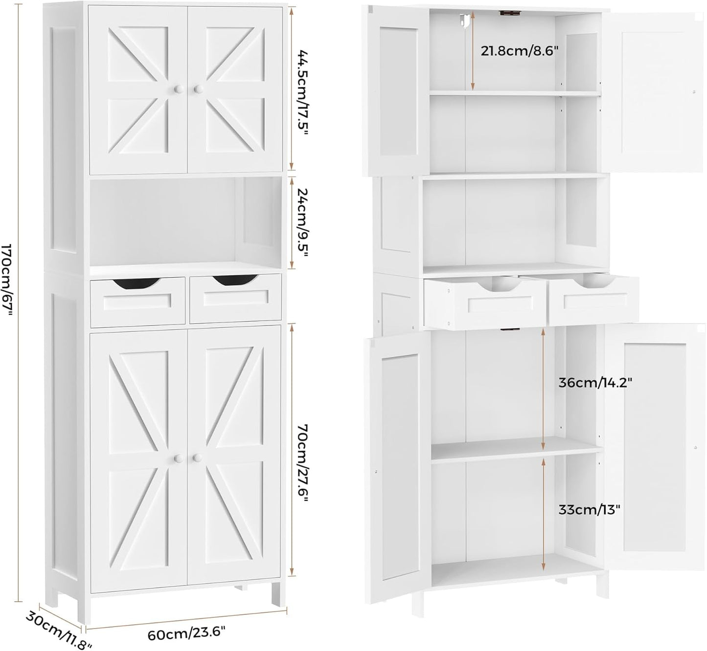 ANWBROAD 67” Bathroom Storage Cabinet Tall Storage Cabinet with Adjustable Shelves and Drawers Freestanding for Bathroom Kitchen Pantry Living Room Cabinet USBC002W