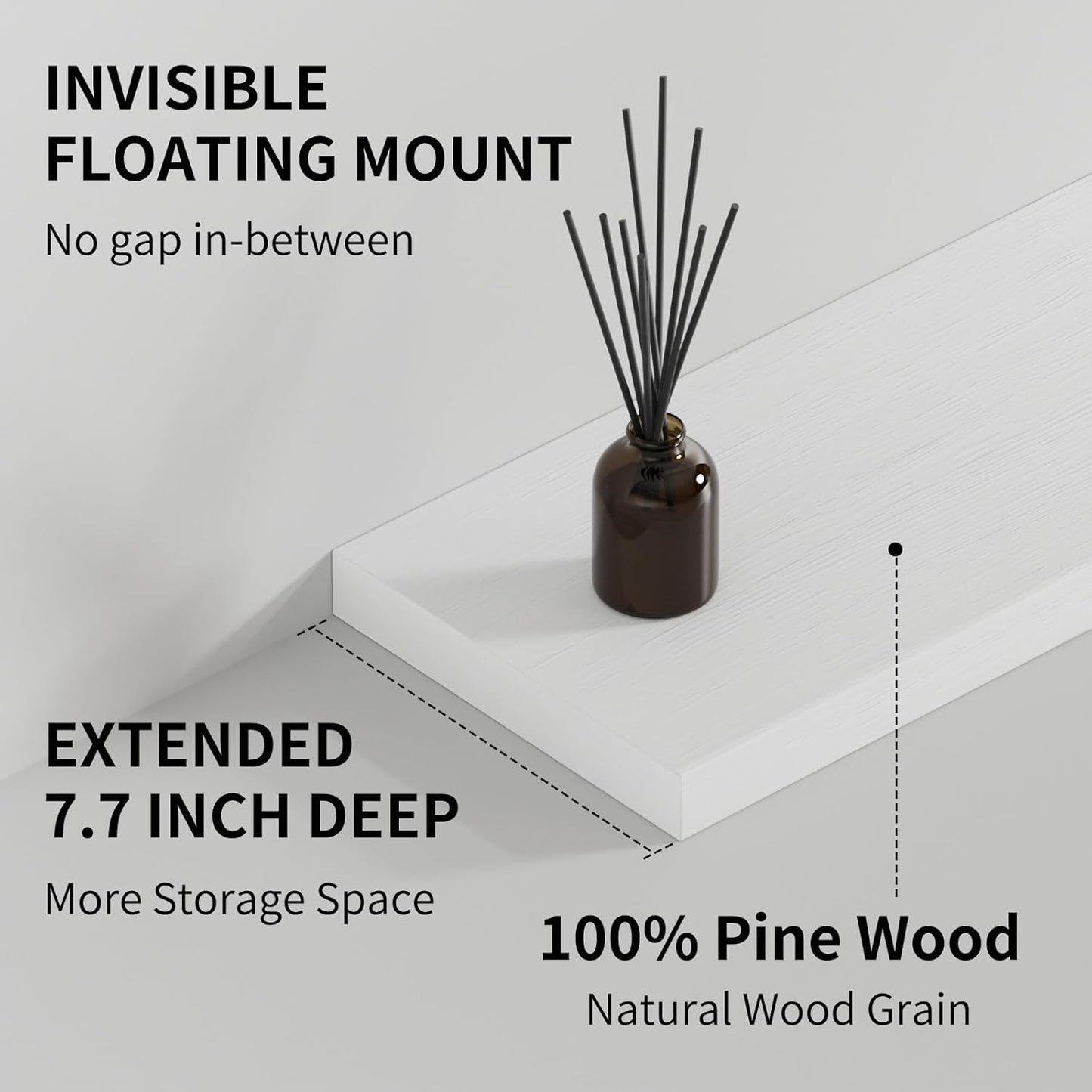 SAUMONIERES Floating Shelves 8 Inch Deep Solid Wood Wide Wall Shelf Set of 1 Wall Mounted for Bedroom Bathroom Living Room Kitchen, 55 Inch White