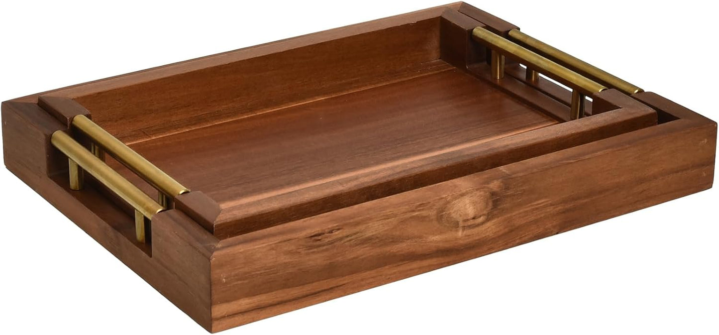 Set of 2 Acacia Wood Serving Trays with Gold Metal Handles for Food Serving, Appetizers & Snacks - Ideal for Bed, TV, Ottoman or Coffee Table Décor, Home Decoration Accessory 15.75x11.8 Inch