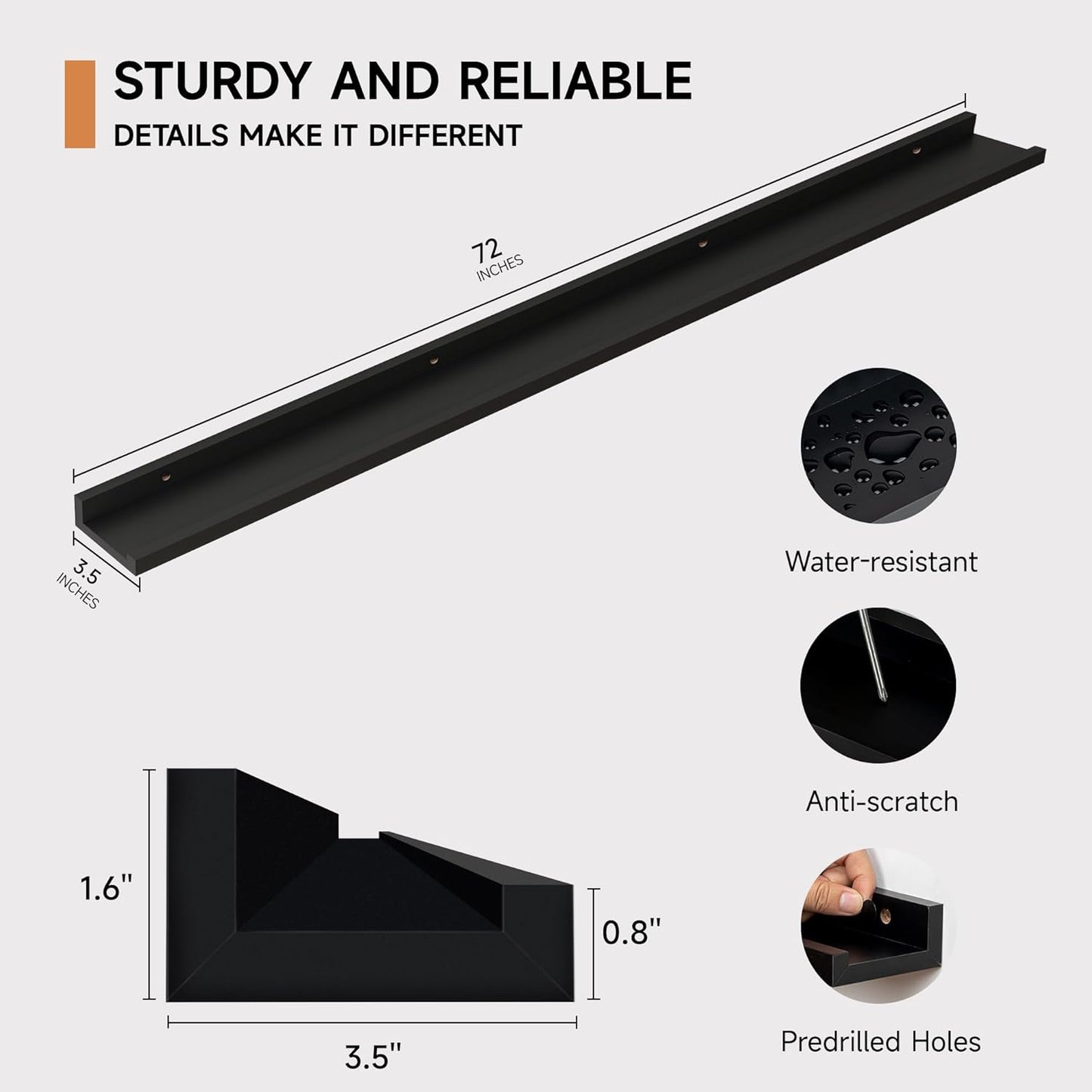 Floating Picture Ledge Shelves for Wall Set of 2, 72 Inches Picture Ledge Shelf with Long Large Nursery Book Shelf for Toys Storage Kids Bookshelf Wall Mounted Living Room Bedroom Decor Frames, Black