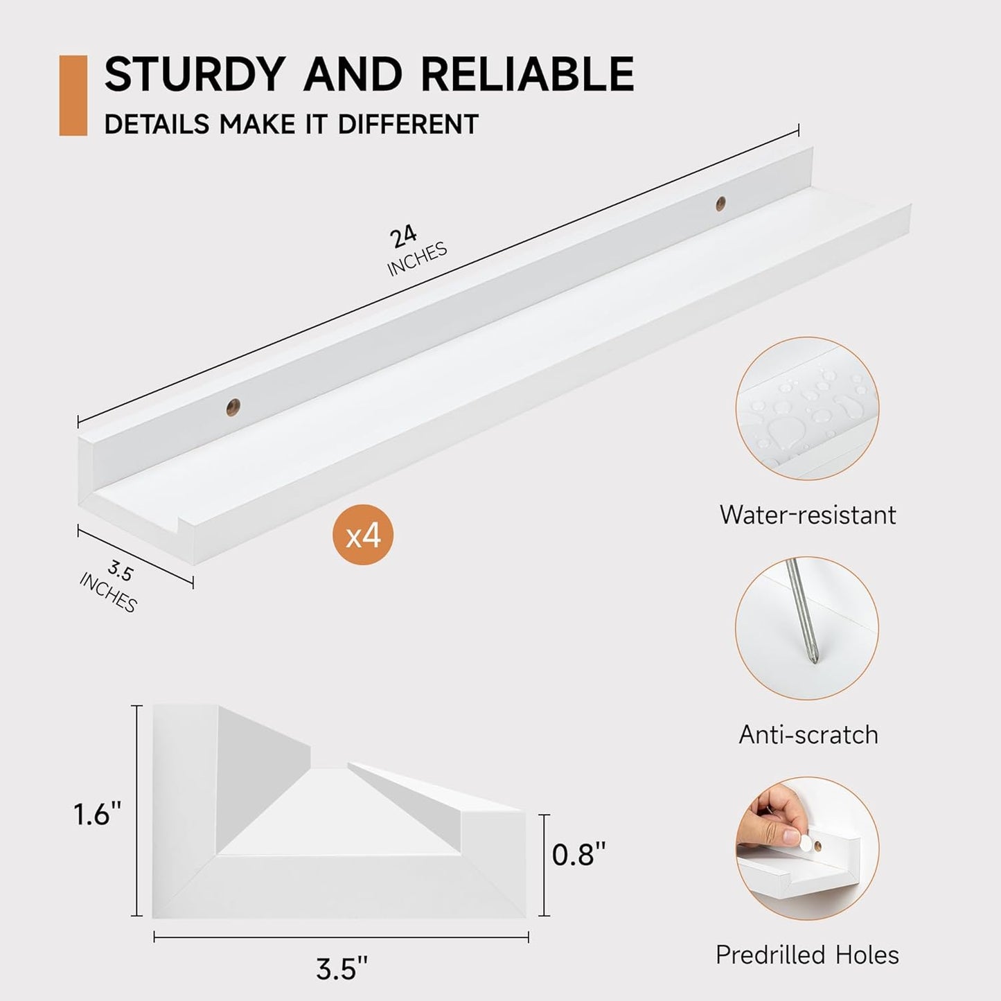 Picture Ledge Shelf for Wall, Floating Shelves Set of 4, 24 Inch Long Nursery Book Shelves for Toys Storage, Kids Bookshelf Wall Mounted for Books Photo Frames, White