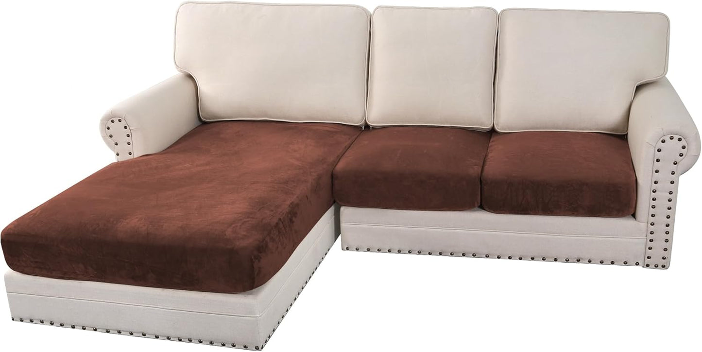 H.VERSAILTEX Velvet Stretch Sectional Couch Covers 3 Pieces Sofa Seat Cushion Covers L Shape Separate Couch Cover for Both Left/Right Sectional Couch (Large Sofa 2 Seater + 1 Chaise, Burnt Brick)