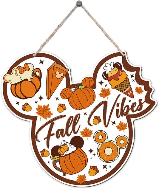 Fall Vibes Door Hanger, Fall Mouse Welcome Door Sign, Wooden Maple Leaves Mushroom Hanging Decor for Front Door, Fall Wood Wreath Wall Decors for Autumn Harvest Thanksgiving Home Decor
