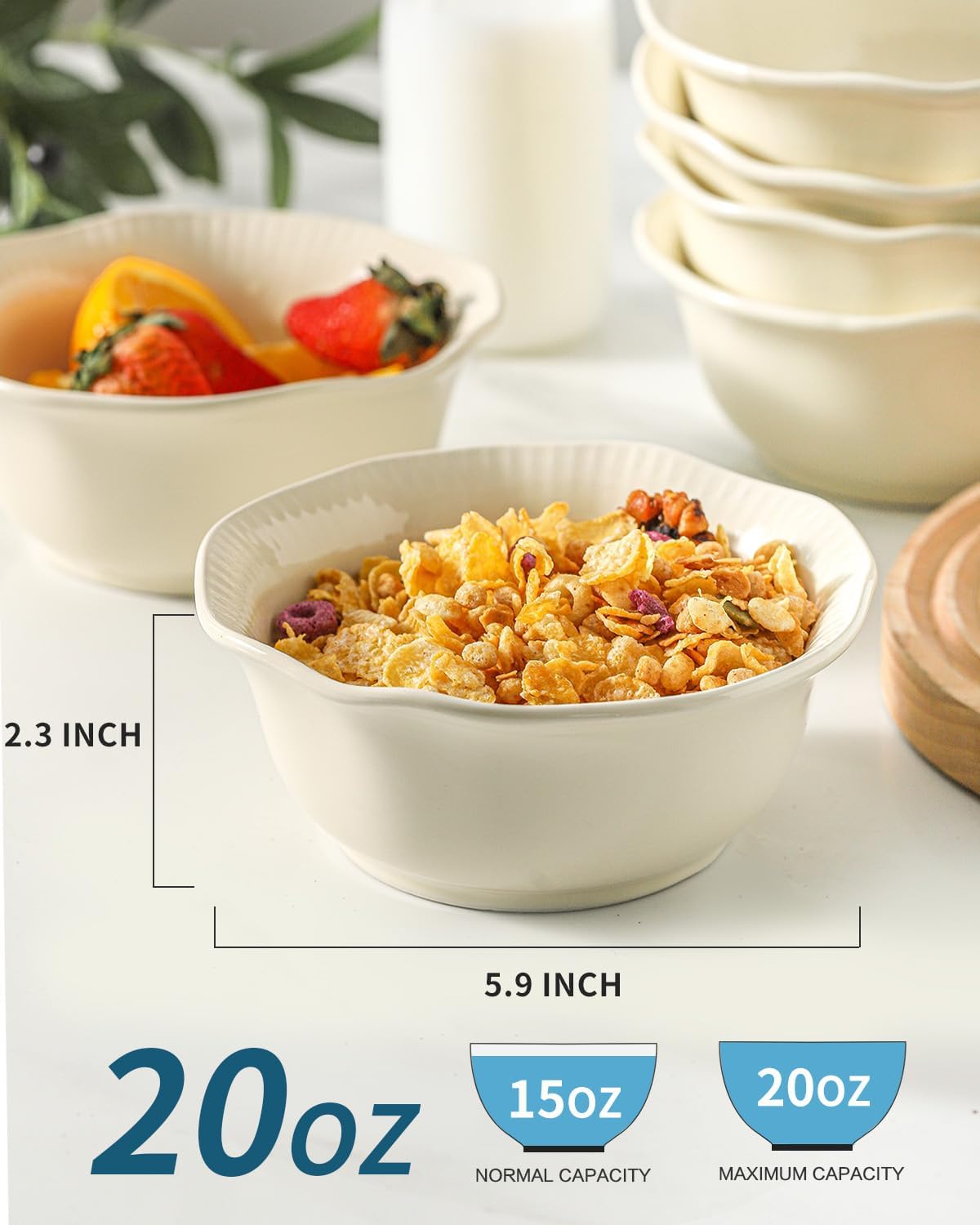 Hasense Soup Bowls 20 OZ, Ceramic Bowls Set of 4 for Kitchen, Stoneware Porcelain Cereal Bowls for Soup, Cereal, Oatmeal, Fruit, Salad, Noodle and Rice, Microwave Dishwasher Safe, Ivory