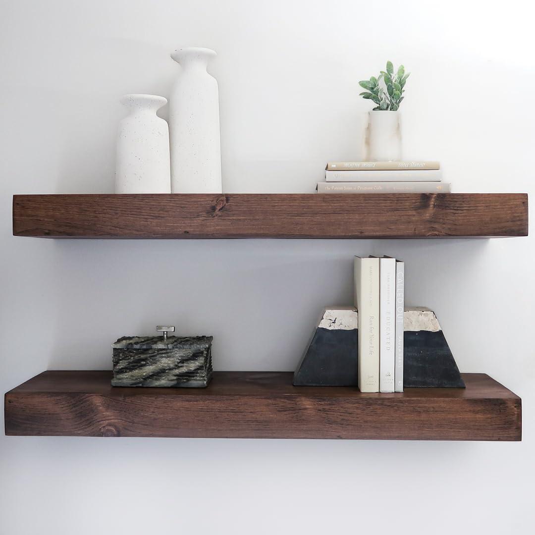 Modern Floating Shelves 3 Inches Thick for Wall, Wide Shelves for Kitchen, Living Room, Bedroom, and Bathroom, Natural Pine Wood, Rustic Wooden Shelf, (Set of 2) (Provincial, 60Lx3Hx8D)
