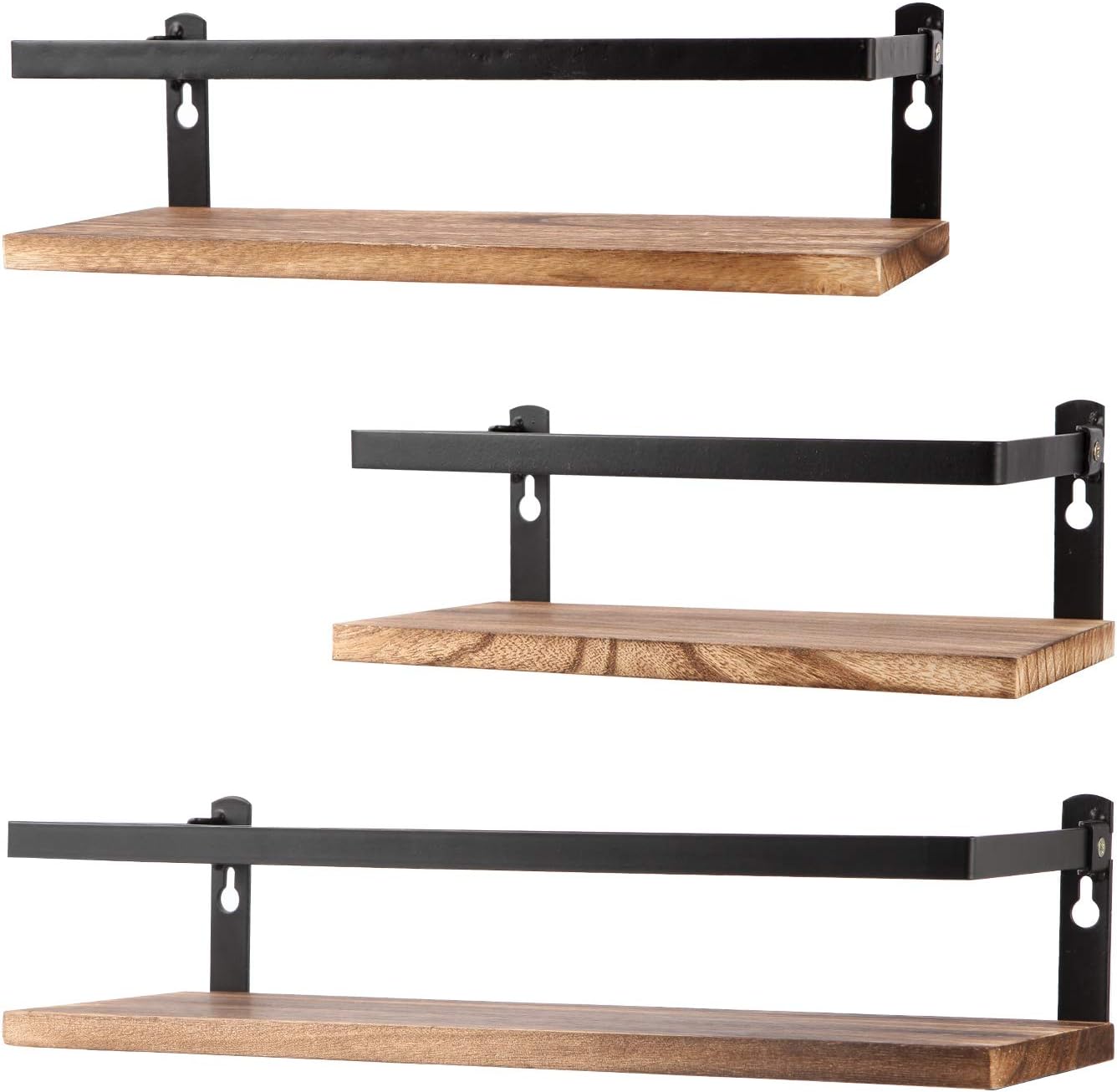 Floating Shelves Rustic Wood Wall Mounted Shelf Practical Metal Fence Design Ideal for Bedroom, Bathroom, Kitchen Set of 3(Carbonized Black)