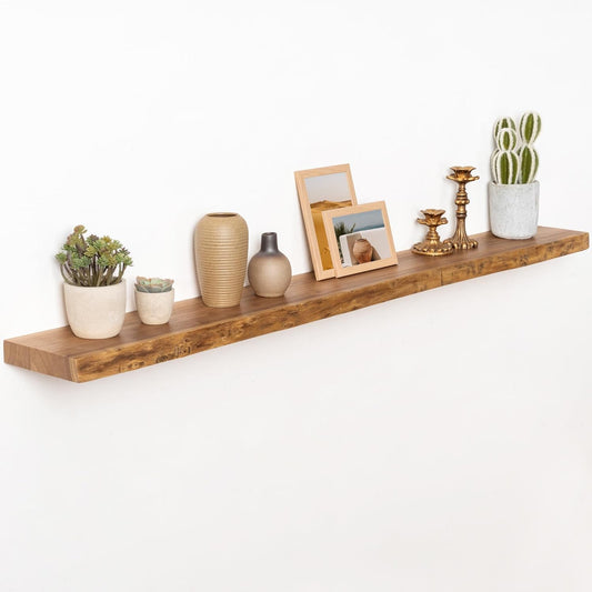 55" Floating Shelves, Live Edge Elm Wood Floating Shelf for Wall, Wall-Mounted Display Shelves with Invisible Heavy-Duty Bracket, Long Floating Shelf for Bathroom, Kitchen, Living Room, Natural Color