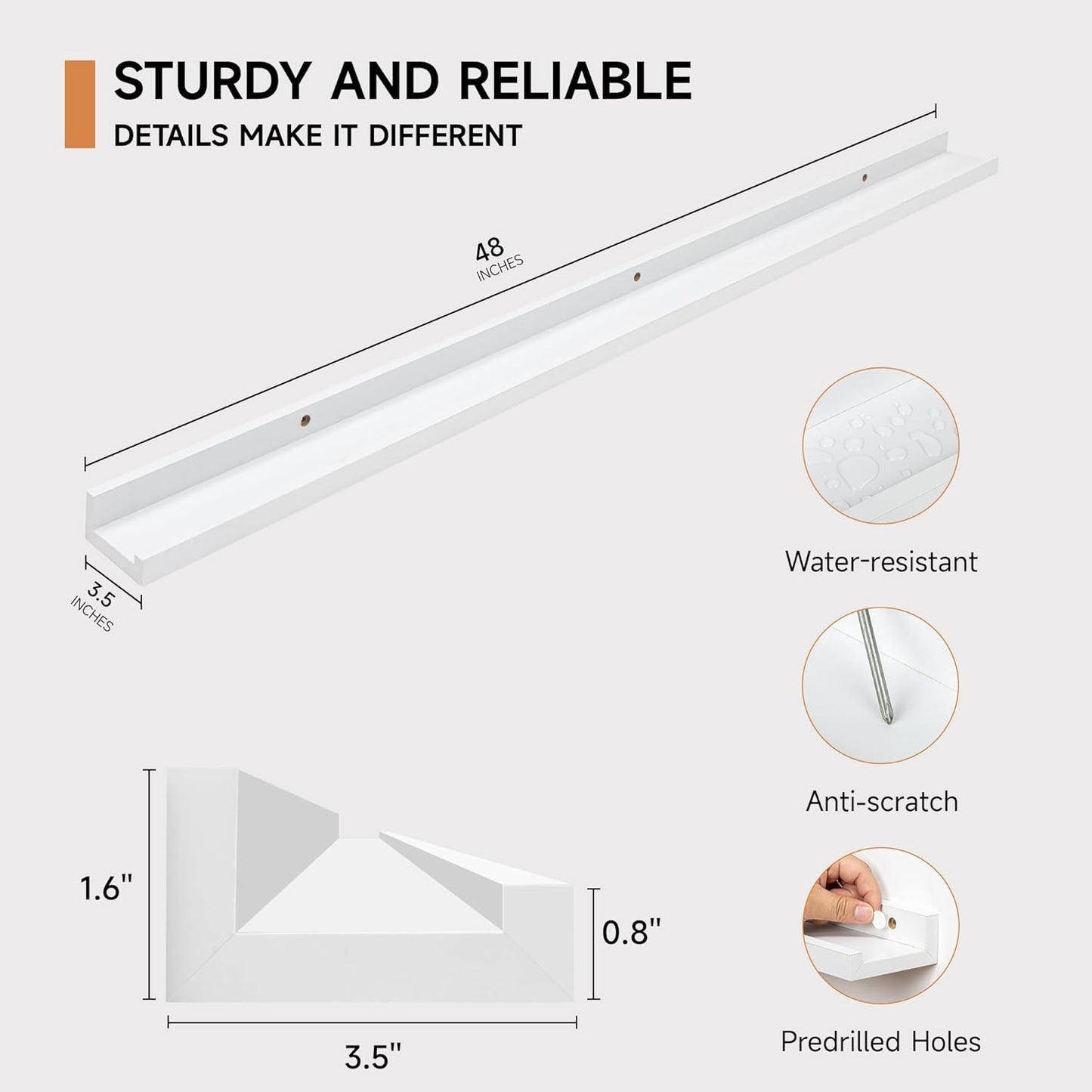 Fun Memories Picture Ledge Shelf, 48 Inch Floating Shelves Set of 2, Large Nursery Book Shelves for Toys Storage, Kids Bookshelf Wall Mounted for Wall Decor Books Photo Frames, White