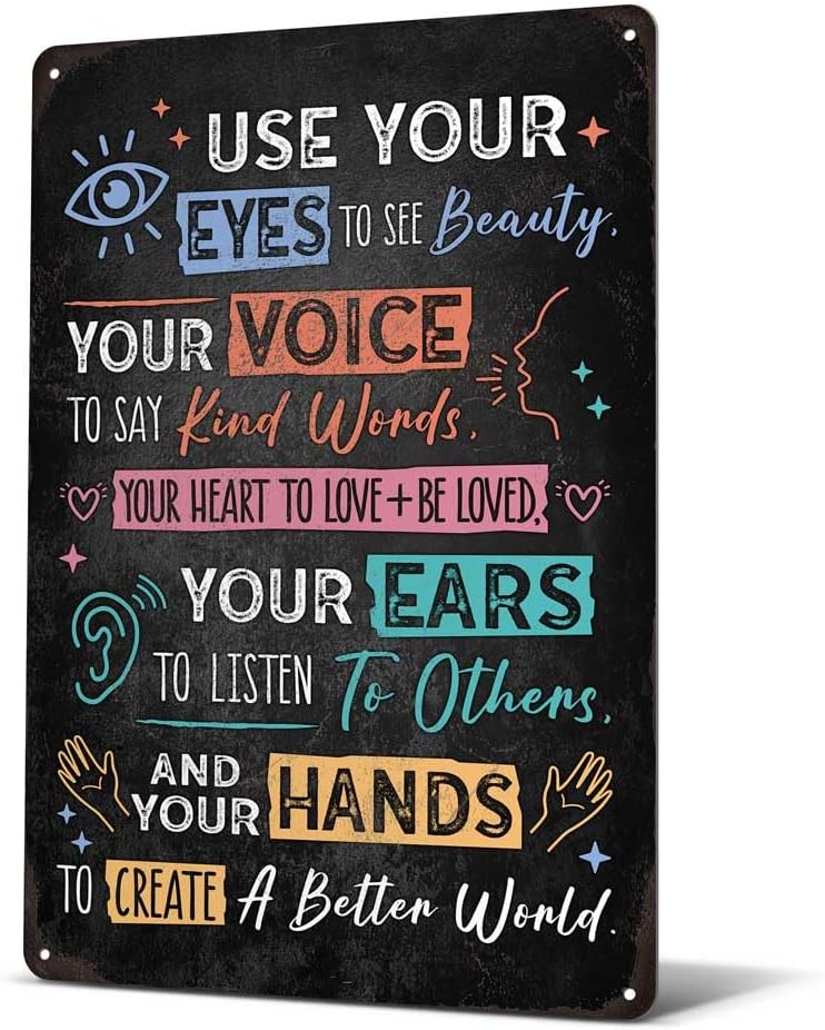Heuhuww Vintage Positive Energy Wall Decor-Use Your Eyes To See Beauty Your Voice To Say Kind Words Metal Sign for Home Classroom Cafes Bedroom Positive Energy Gifts 8"x12"(H26)