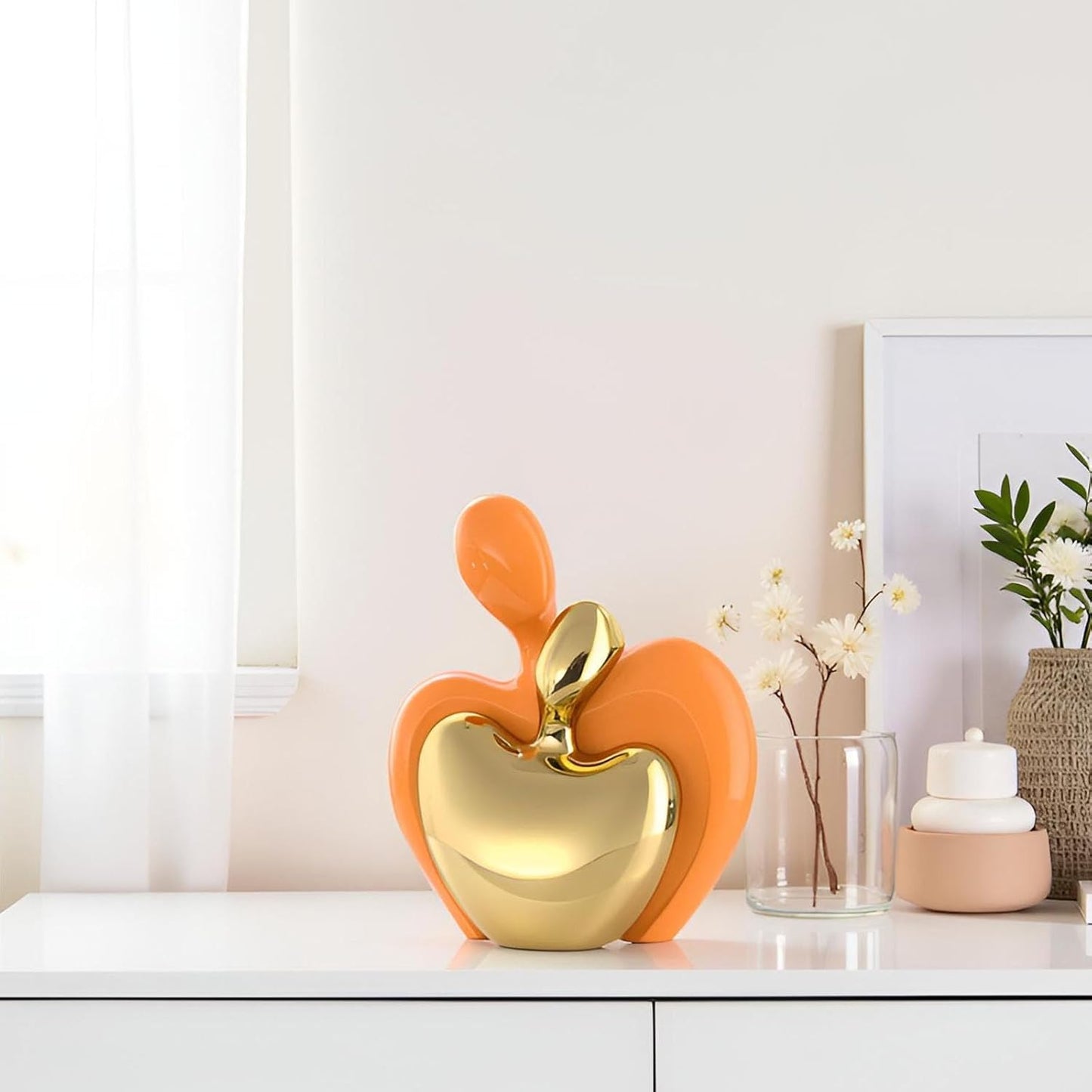 XMGZQ Orange and Gold Ceramic Couple Figurines Home Decor,Wedding Engagement Romantic Gift for Husband Wife,Large Male and Female Love Statue Valentine's Day Birthday,Abstract Hugging Couple