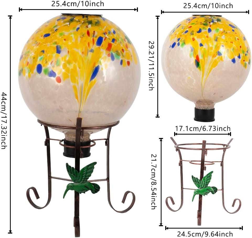 10" Diameter Solar Gazing Ball and 8.5" Metal Stand Indoor Outdoor Yard Art Ornament Coloful Spot Glass Globe Sphere Solar Gazing Balls for Garden,Lawn,Porch,Patio Birthday Gifts for Women,Mom