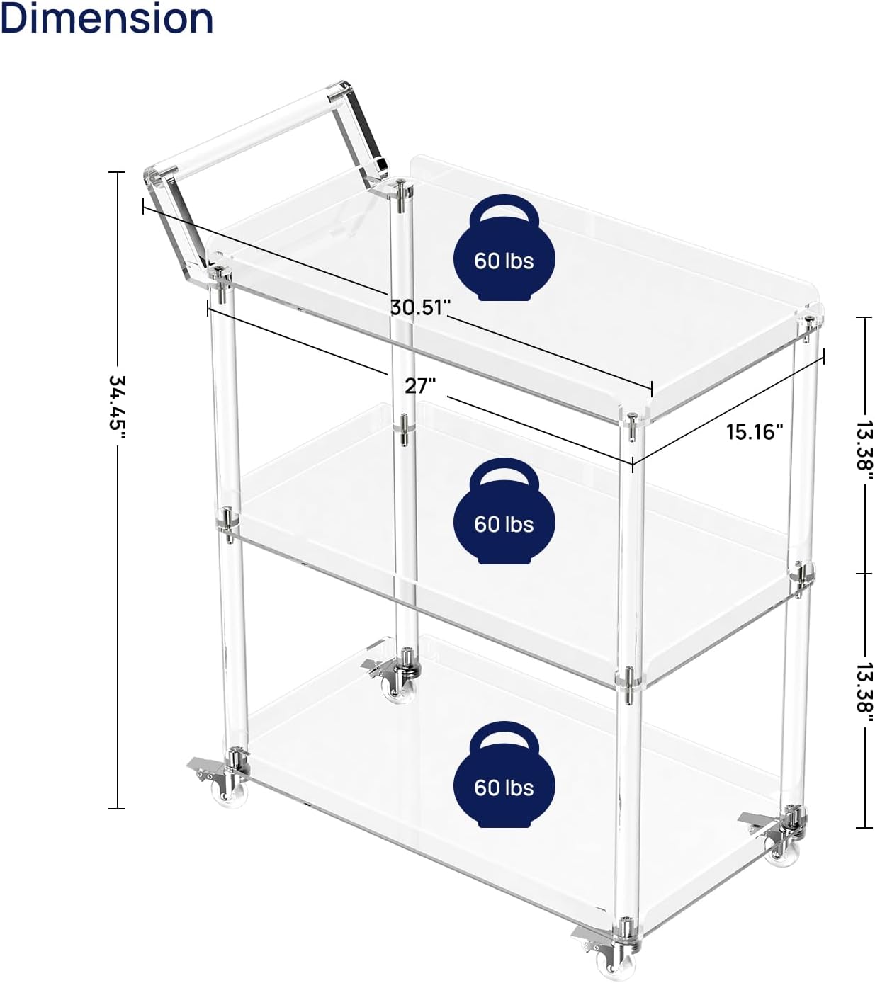 HMYHUM Acrylic Bar Cart with 4 Lockable Wheels, 30.5" L x 15.2" W x 34.5" H, Rolling Serving Cart for The Home Bar, Kitchen, Living Room, with Pulling Handle, Modern, 3-Tier, Clear