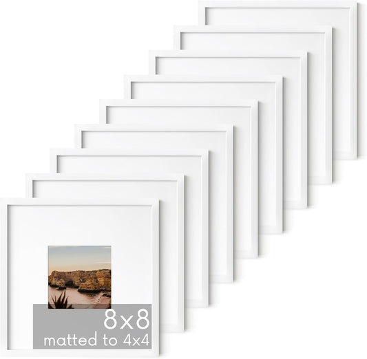 HAUS AND HUES 8x8 White Metal Picture Frames Matted to 4x4 - Features Premium Aluminum & Hanging Hardware, Shatterproof Plexiglass - Ideal for Home, Room, Office (8x8 in, White, Set of 9)