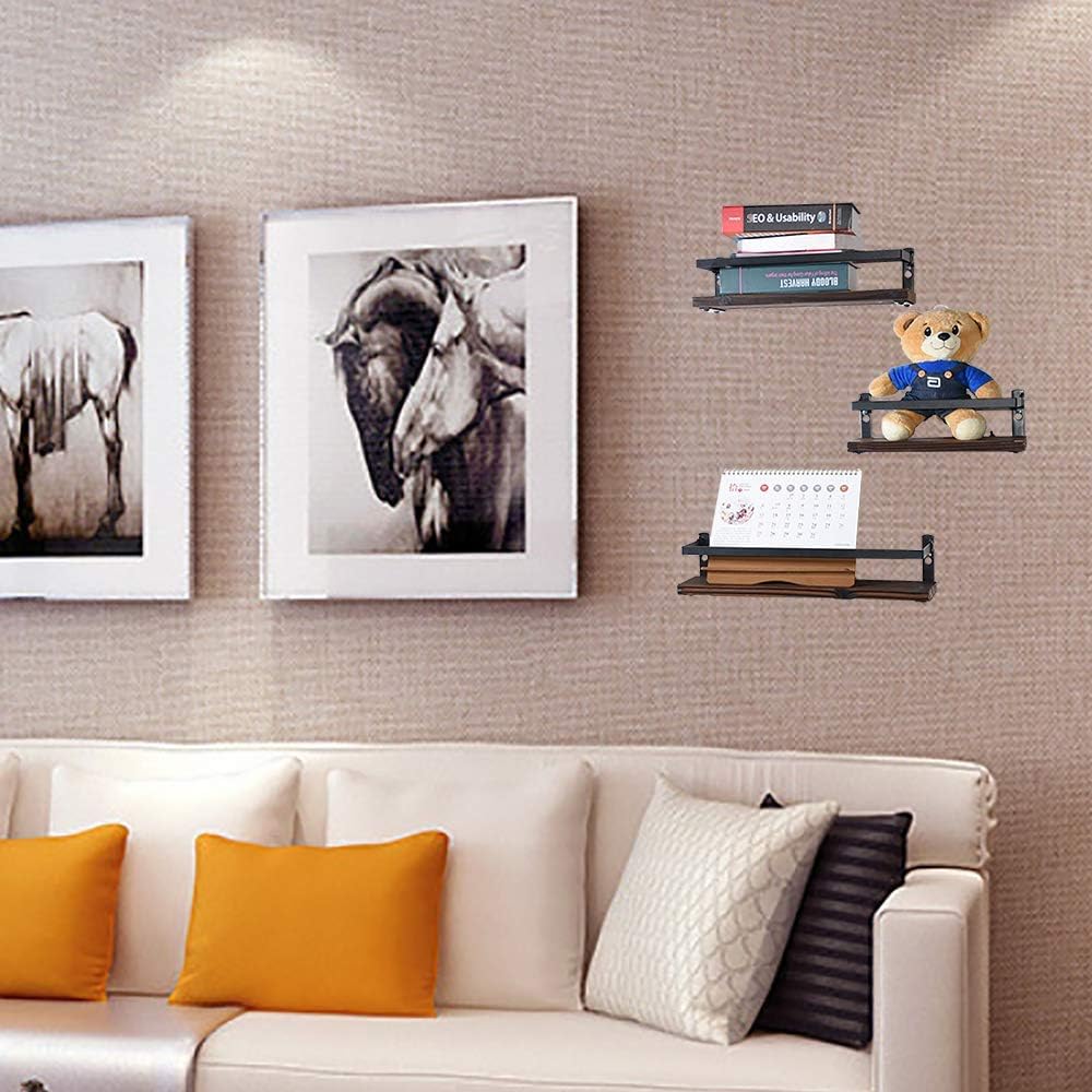 Floating Shelves Rustic Wood Wall Mounted Shelf Practical Metal Fence Design Ideal for Bedroom, Bathroom, Kitchen Set of 3(Brown)