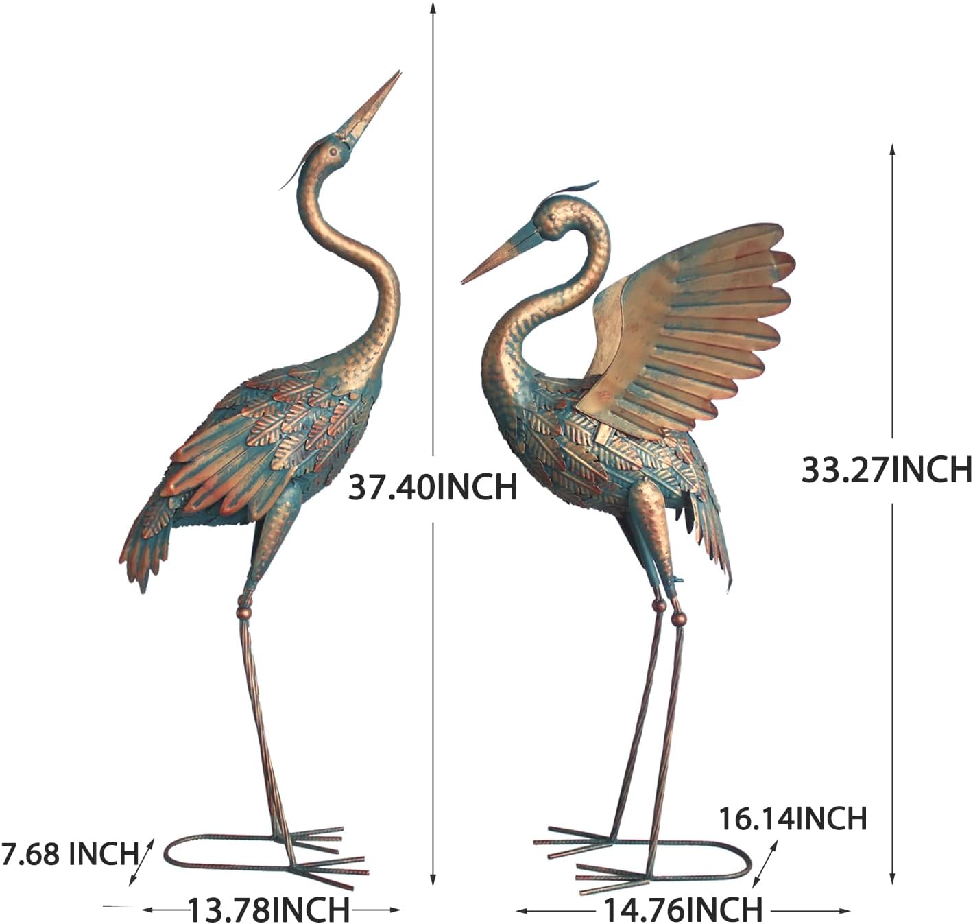 33-37 Inch Metal Crane Garden Statue Décor, Bird Heron Garden Sculpture & Statues, Outdoor Decoration for Yard Pond Lawn Backyard Pool, Vintage Spread Wings Crane, Set of 2 Copper…