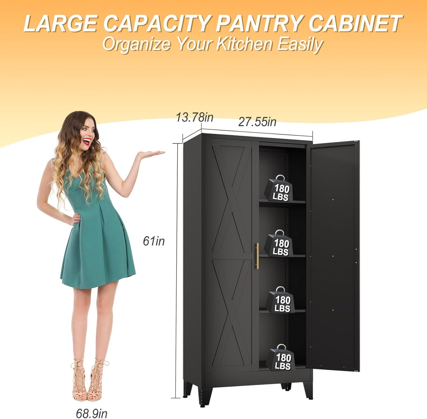 61" H Metal Kitchen Pantry Storage Cabinet, Freestanding Cupboard with 2 Doors and 3 Adjustable Shelves, Standing Storage for Kitchen, Bathroom, Garage, Dinning Room or Utility Room（Black）