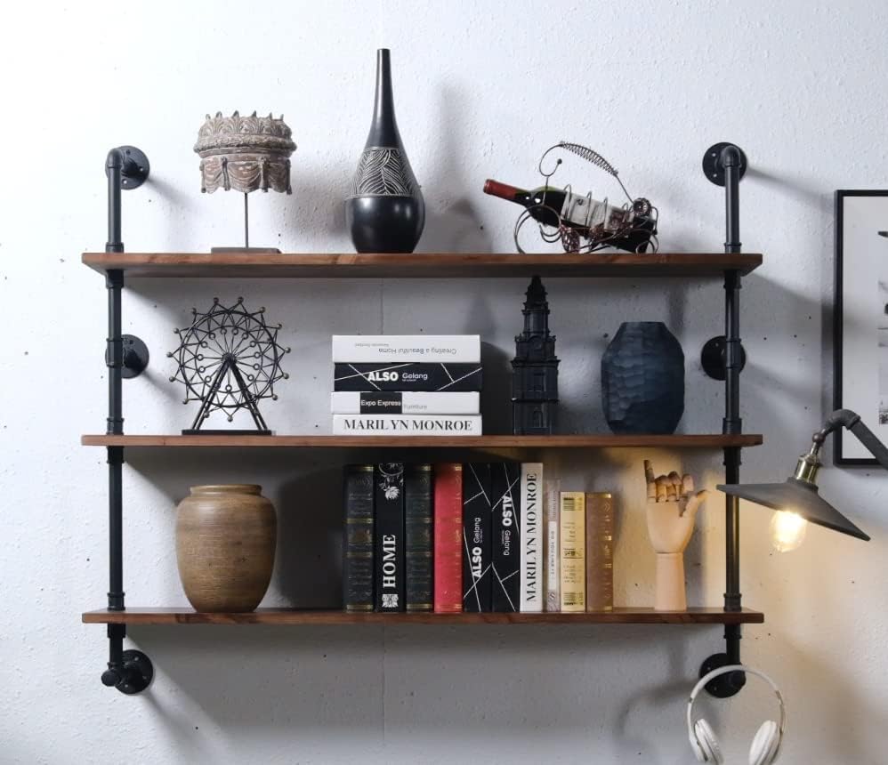 Industrial Pipe Wall Shelves with Real Wood Plank ,36 Inches Floating Shelves for Wall Farmhouse Book Shelves Dark Brown 3 Tier for Kitchen,Living Room Decor and Bar Shelving