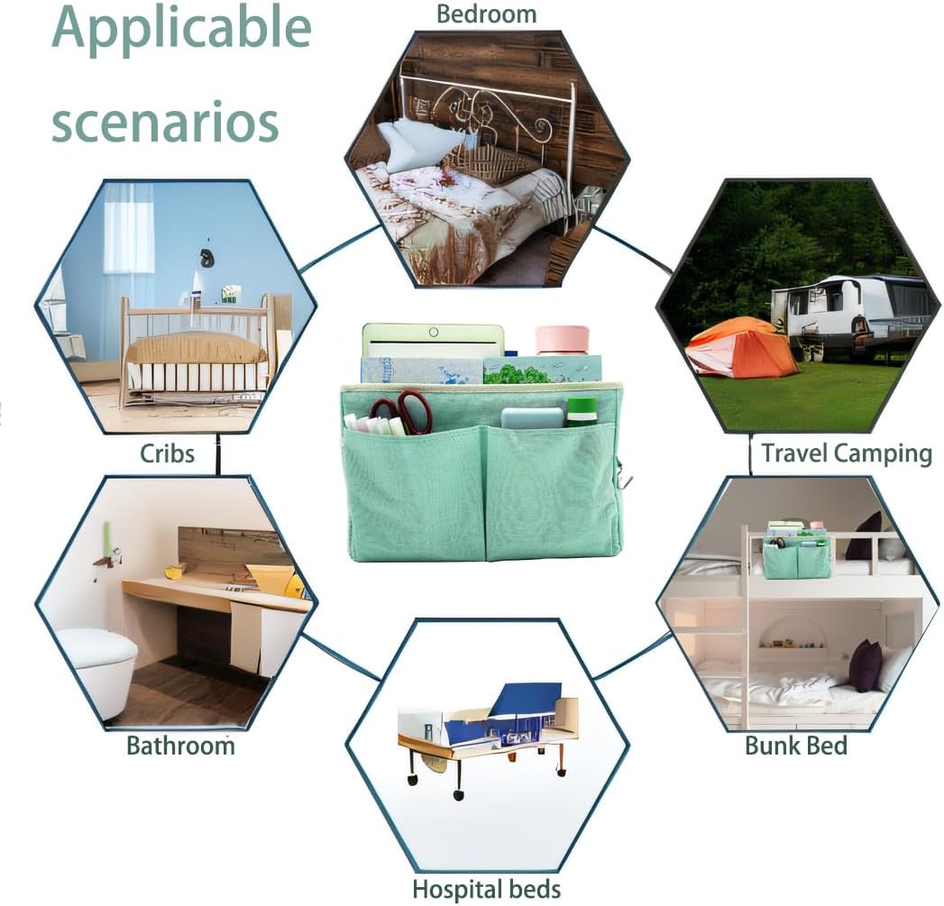 2-Pack Bedside Caddy Bedside Hanging Storage Basket Multi-Function Organizer Caddy for Bunk and Hospital Beds Dorm Rooms Bed Rails, Can be Placed Glasses Books Mobile Phones（2pcs Green）