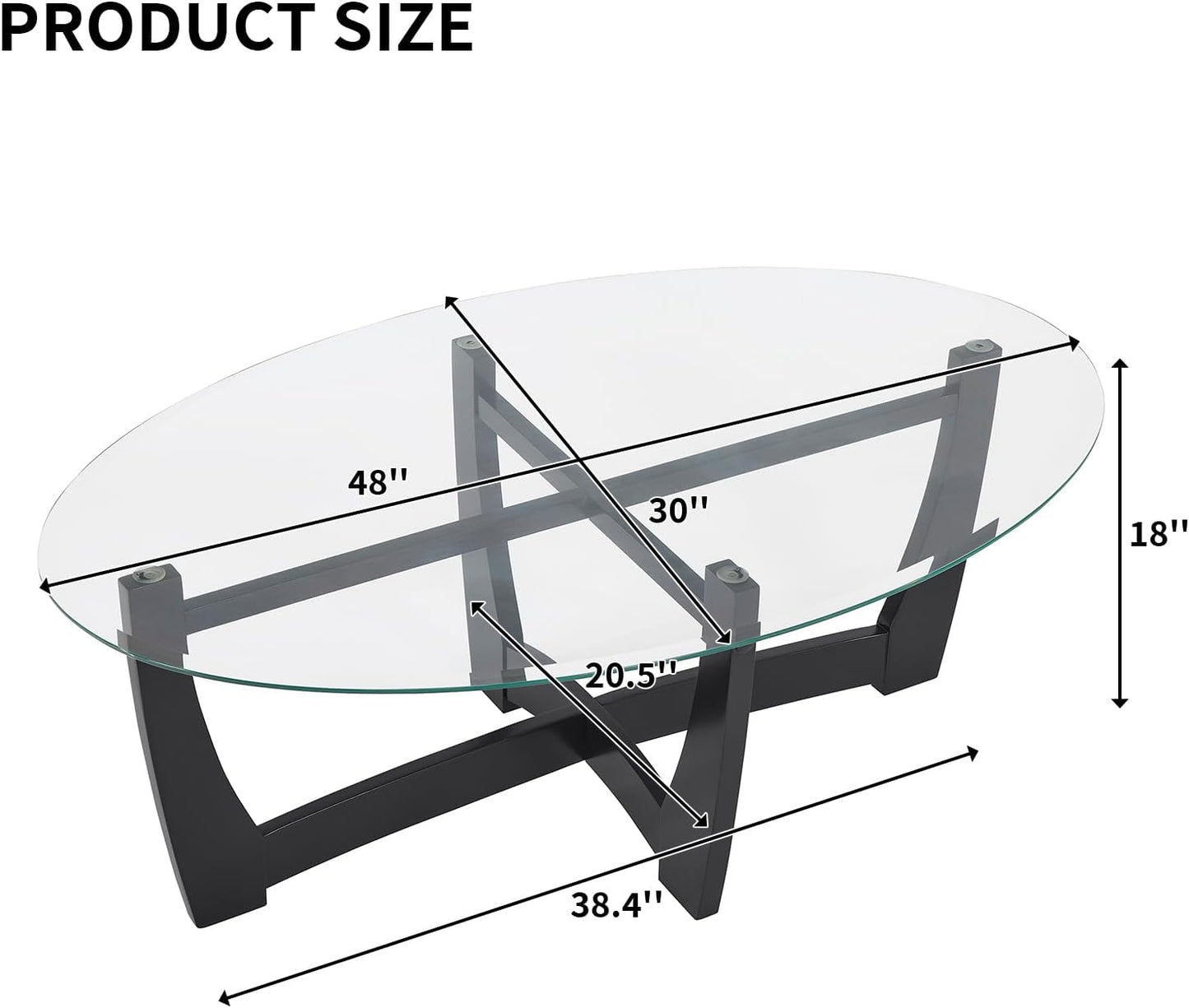 48" Oval Glass Coffee Table with Tempered Glass Top Cross and Solid Wood Base Simple & Modern Center Table for Living Room Office Apartment Black