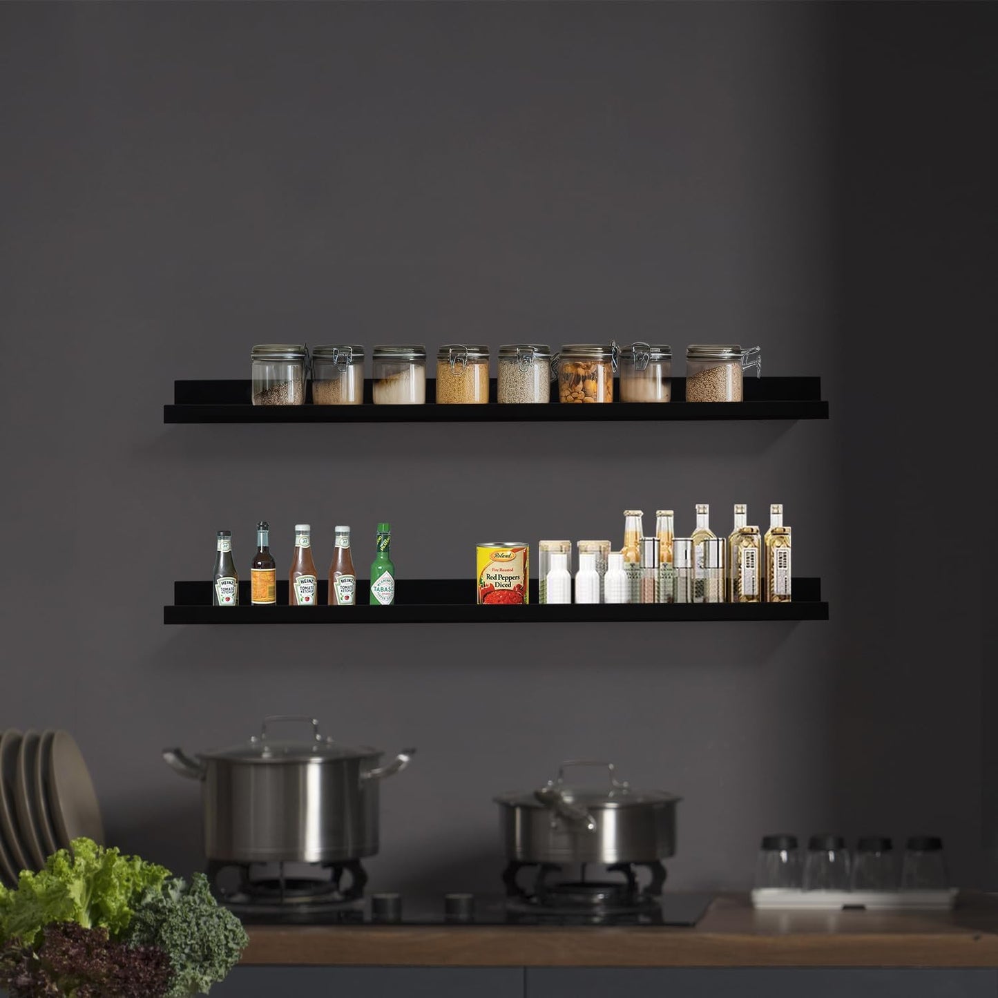 AZSKY Picture Ledge Shelf, Floating Shelves Set of 2, 48 Inches Picture Shelves for Wall with Ledge, Long Shelf Wall Mounted for Living Room Bedroom Decor Books Photo Frames - Black