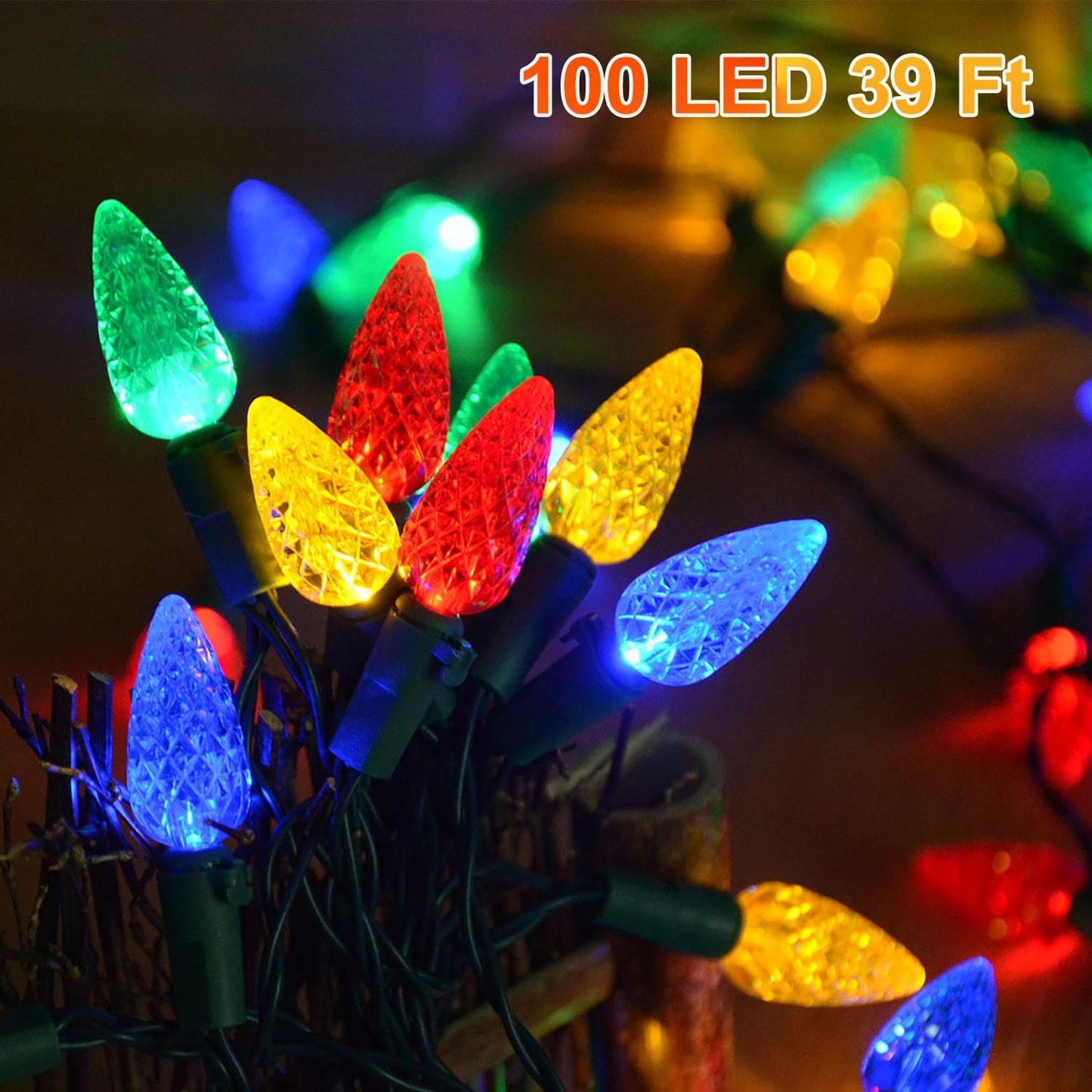 HUGSVIK 39Ft 100 LED Solar Christmas Lights Outdoor, 8 Modes C6 Strawberry Lights, Waterproof Outdoor Christmas String Lights for Xmas Tree, Holiday, Garden, Patio, Arbor Decor